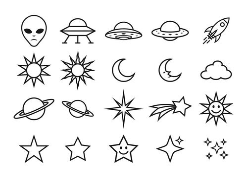 Space and alien icon collection. Night sky star and ufo spacecraft symbol logo set. Weather emoji sign. Humanoid head symbol. Vector illustration image.