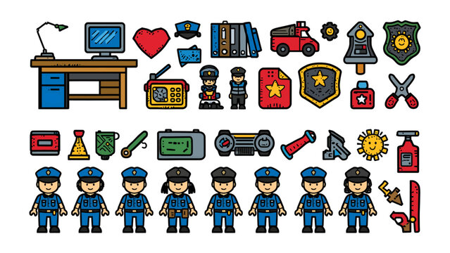 Police Officers and Equipment Icons: A collection of pixel art icons featuring police officers in uniform, their vehicles, badges, and essential tools, representing law enforcement and safety.