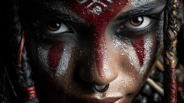Intense portrait of warrior with tribal face paint and piercing gaze