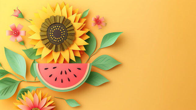 Vibrant 3D paper cut sunflower watermelon and green leaves on yellow background with wide right copy space perfect for summer markets agricultural promotions and seasonal themes.