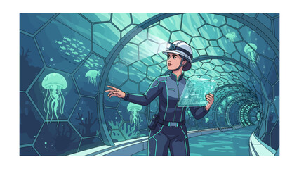 Underwater Exploration: A determined scientist in a futuristic diving suit navigates a mesmerizing underwater tunnel, observing jellyfish and marine life, holding a holographic display. © Abu