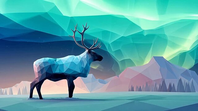 Polygonal deer under northern lights