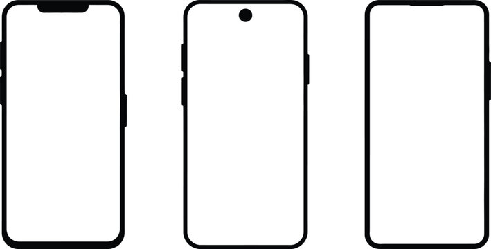 Three modern smartphone outline designs with different screen notch styles isolated on white background, Vector, illustration