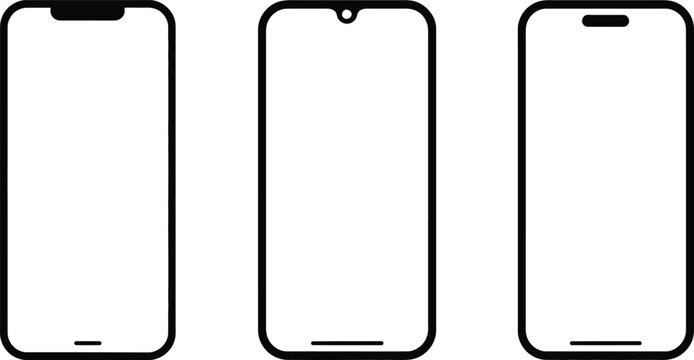 Minimalist smartphone outline designs with different notch styles isolated on white background, Vector, illustration