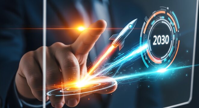 Businessman touches futuristic rocket launch with 2030 target