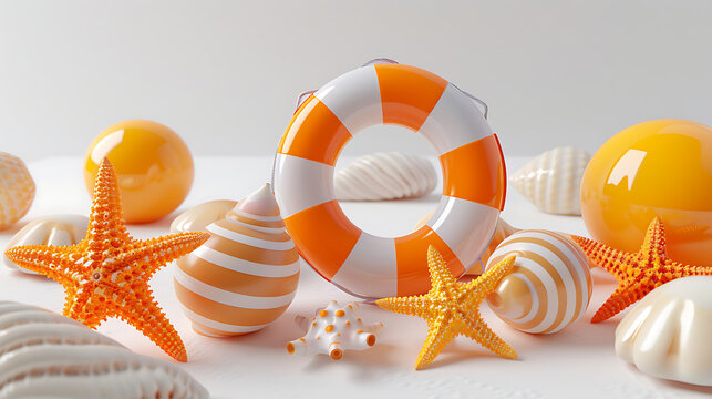 3D high resolution orange lifebuoy starfish and seashells on clean white background designed for summer travel marketing beach vacation posters and marine themes.
