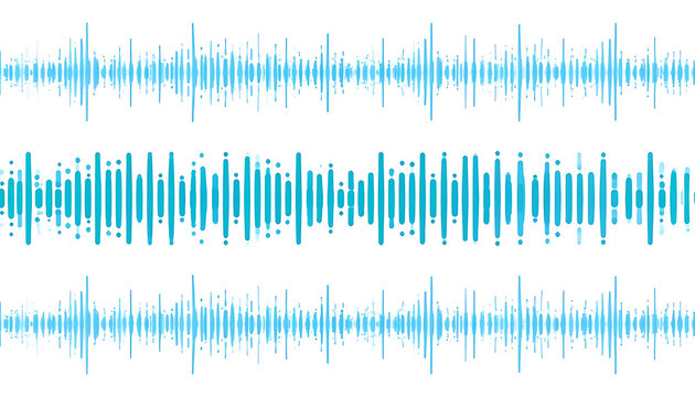 Three distinct blue sound wave patterns on a white background, representing audio visualization and signal processing