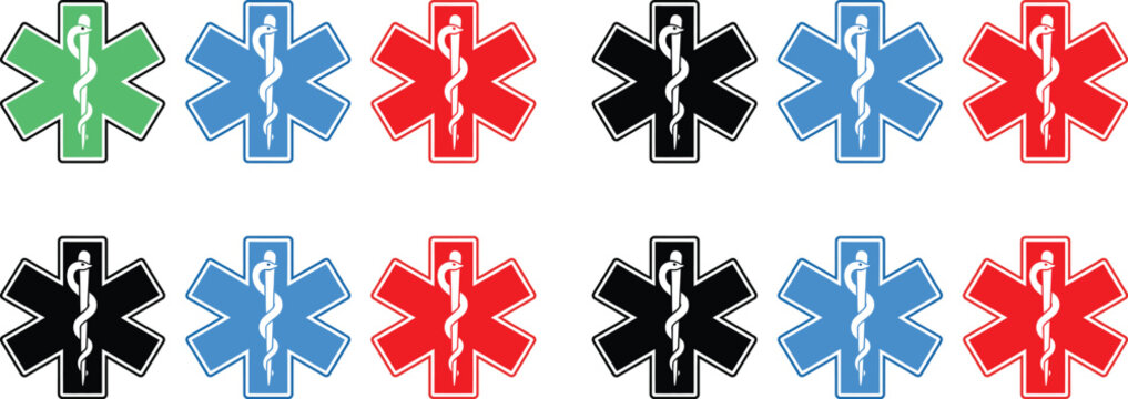 Set of colorful medical emergency star of life icons in various colors isolated on white background, Vector, illustration