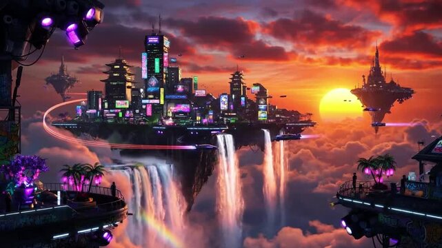 Futuristic city on floating islands with waterfalls, cyberpunk sky landscape at sunset