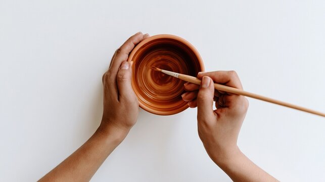 First person view hands holding paintbrush and terracotta pot on white table