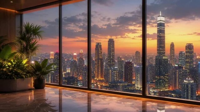 Luxury High Rise Interior with City Skyline View at Dusk Seamless Loop