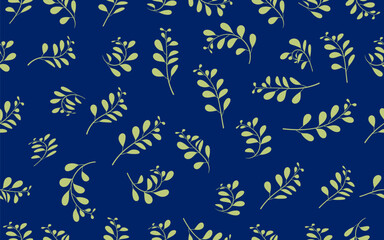 Fototapeta premium Green leaf branch seamless pattern on dark blue background. Botanical pattern with leaves