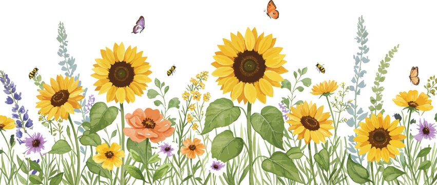 A beautiful summer field of blooming yellow sunflowers blossoms under a bright blue sky, showcasing the natural beauty of flora in a vibrant agricultural nature landscape