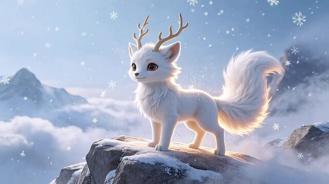 White fox with antlers on snowy rock