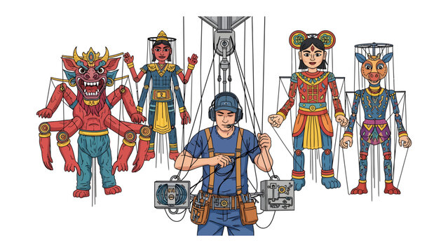 Puppet Master's Control: A puppeteer orchestrates a vibrant performance, manipulating a collection of intricately designed puppets, each with unique cultural attire and expression.