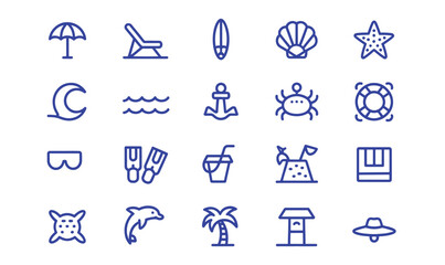 Beach and Ocean Outline Icon Set Collection - Blue Line Art Umbrella Shell Anchor Wave Dolphin and Tropical Symbols for Summer and Coastal Design © Graphix Hub