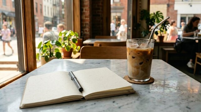 Open notebook and iced coffee on cafe table near sunny window