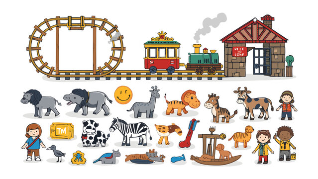 Children's Cartoon Zoo Train Set: A vibrant collection of cartoon animals, children, a train with carriages, and a railway station, ideal for educational or playful contexts.