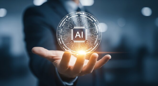 Artificial intelligence chip icon glowing in businessman hand, futuristic AI technology concept, digital brain and machine learning interface