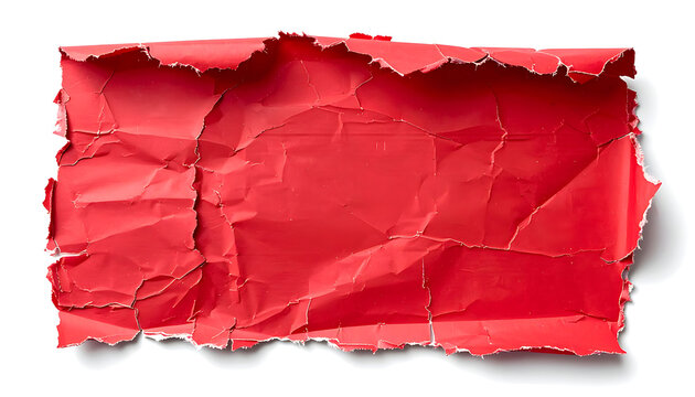 Torn red paper rectangle with jagged edges, crumpled texture, isolated on white, design element