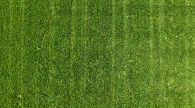Aerial view of a vibrant green grassy field with distinct mowed stripes.