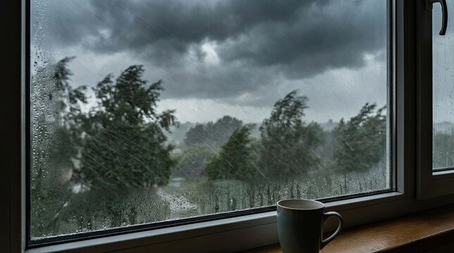 Sad lofi boy sitting by window on rainy night concept. A stormy view through a window with dark clouds and rain.
