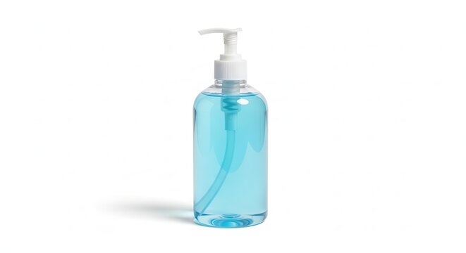 Clear plastic bottle with blue liquid hand sanitizer and white pump dispenser on a white background.