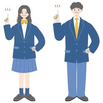 笑顔で人差し指を立て指差しポーズをする制服姿の高校生男女2人の全身イラストセット1