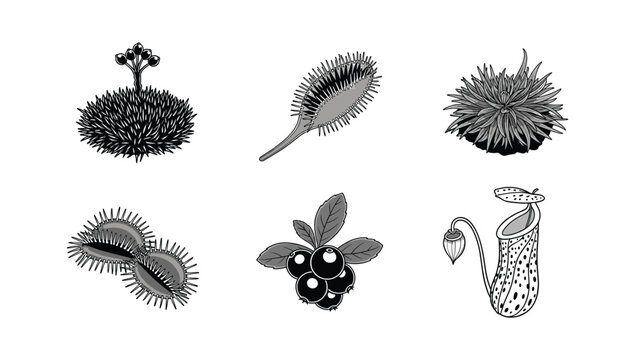 Carnivorous plants and berries vector illustration icons venus flytrap pitcher