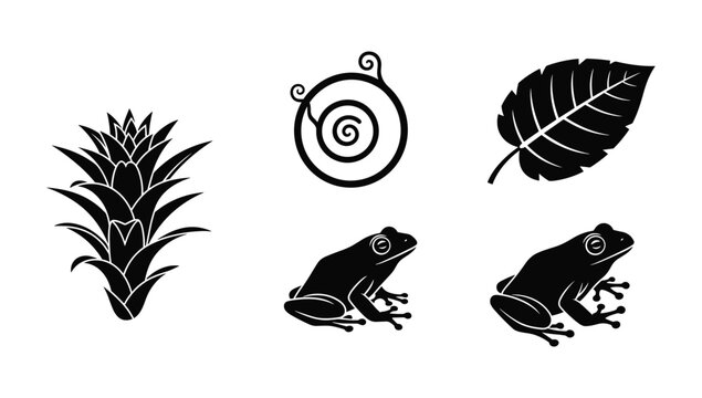 Set of exotic nature icons featuring pineapple top stylized spiral pattern and jumping frog silhouettes for tropical design themes