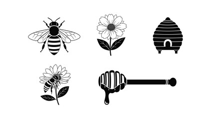 Honey production and apiary icon set featuring bees flower and honey dipper for organic farming and beekeeping industry design projects © NorStock