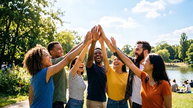 Diverse group of young friends celebrating success with high five in park