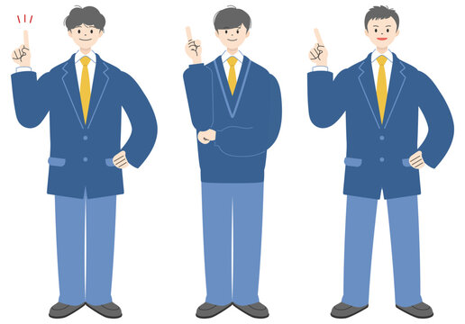 笑顔で人差し指を立て指差しポーズをする制服姿の男子高校生3人の全身イラストセット