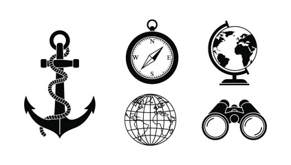 Navigation and exploration icons featuring ship anchor and globe silhouette for travel themed graphic design and educational mapping projects © NorStock