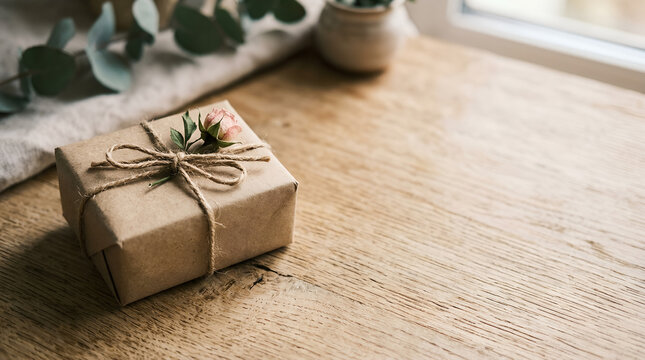 Craft paper gift box tied with twine lies on a wooden table, eucalyptus leaves and cloth background, cozy romantic mood, brown beige green palette, realistic still life photo.