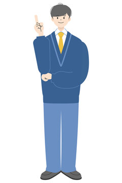 笑顔で人差し指を立て指差しポーズをする制服姿の男子高校生の全身イラスト2