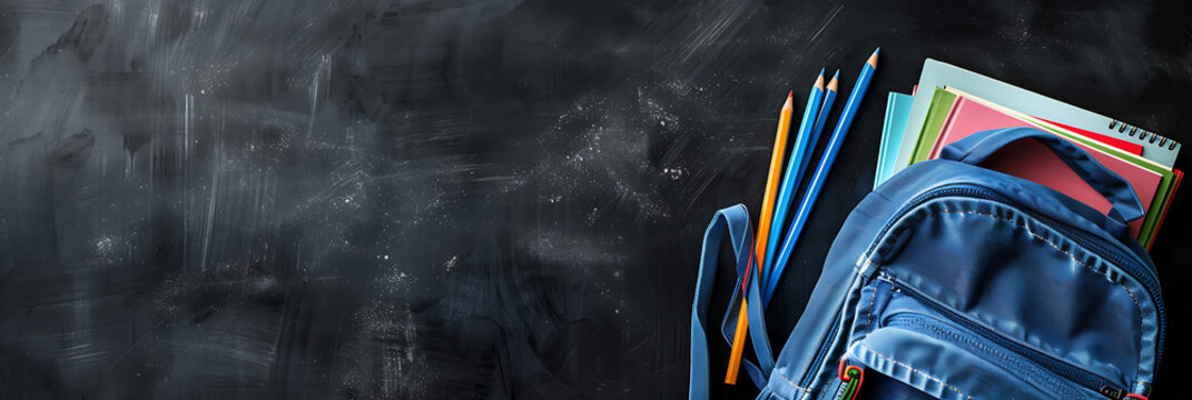 Dark chalkboard desk flat lay with blue schoolbag pencils and notebook