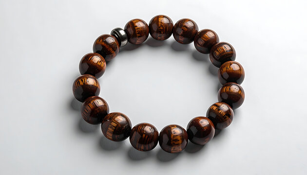 Tiger's eye stone bead bracelet with metallic accent, natural polished round gems on a light grey surface, detailed texture and pattern