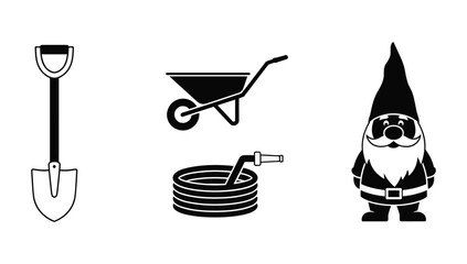 Garden and outdoor maintenance icon set featuring a shovel and wheelbarrow and garden gnome in a bold black and white vector design for home © NorStock