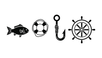 Fishing and nautical icon collection featuring a fish and lifebuoy and hook and steering wheel in a black and white vector style for maritime themes © NorStock