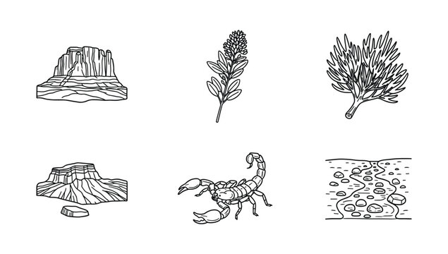 Detailed desert landscape icons with scorpions and rock formations in a black and white vector graphic style for environmental and geology projects