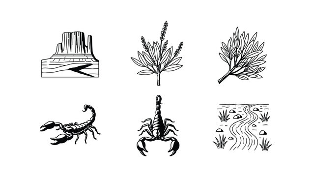 Set of black and white desert icons featuring scorpions and rock formations in a minimalist graphic style for nature and wildlife design projects