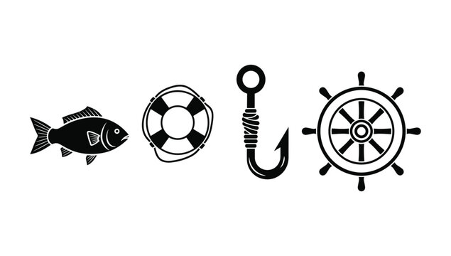 Fishing and nautical icon collection featuring a fish and lifebuoy and hook and steering wheel in a black and white vector style for maritime themes
