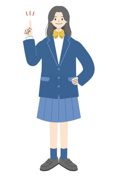 笑顔で人差し指を立て指差しポーズをする制服姿の女子高校生の全身イラスト1