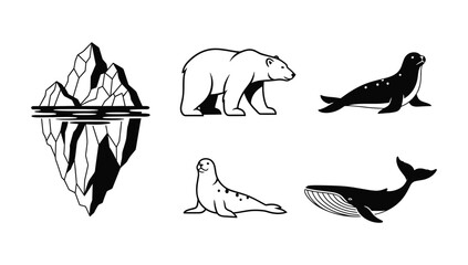 Arctic animals and iceberg silhouettes illustration set black and white © NorStock