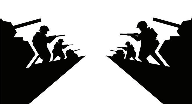 Silhouette illustration of opposing military armies with tanks and soldiers in combat.