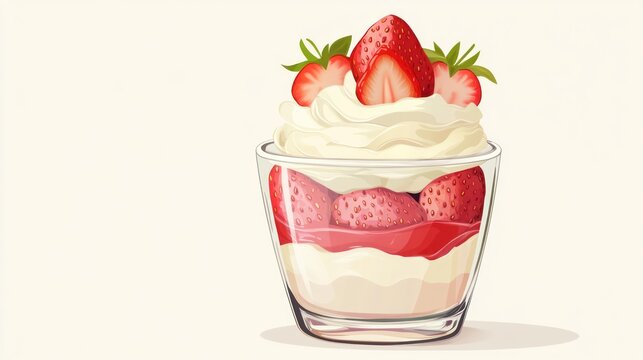 Strawberry parfait in clear glass, front view, white background