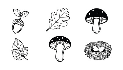Forest nature icons with acorn oak leaf leaves mushroom and bird nest illustration © NorStock