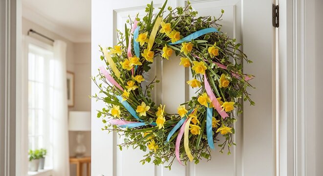 Easter Wreath on Front Door Decoration.