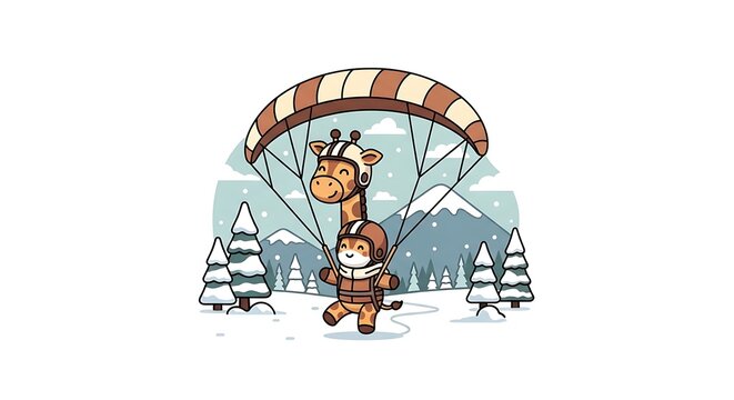 Whimsical illustration of a giraffe and a small animal, both wearing helmets, skydiving in a snowy landscape. Trees and mountains
